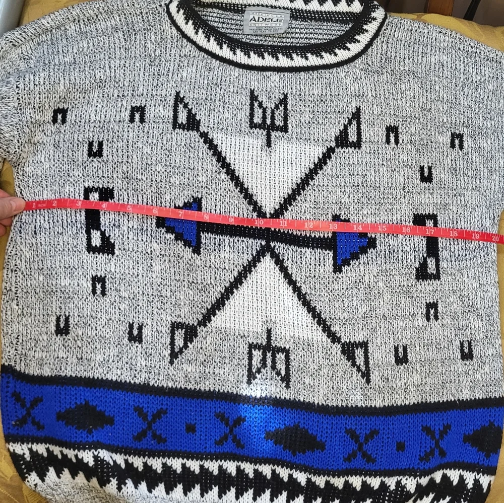 Vtg 90s Adele Knit Sweater Gray Black Blue Size Small Arrows Made in USA